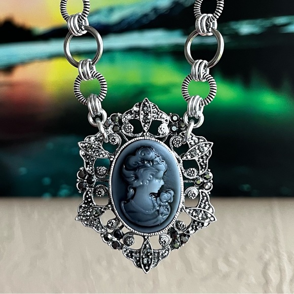 Stainless steel necklace double wheat chain blue grey cameo - Picture 10 of 11